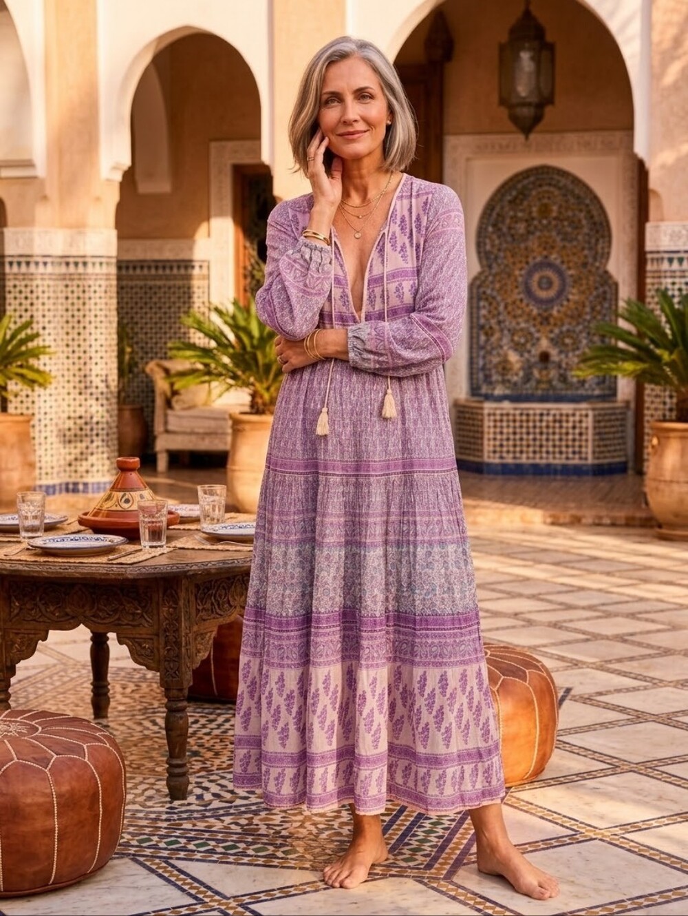 Blue Boheme Purple Paisley Block Print Boho Maxi Dress Tassel Tie Long Sleeve